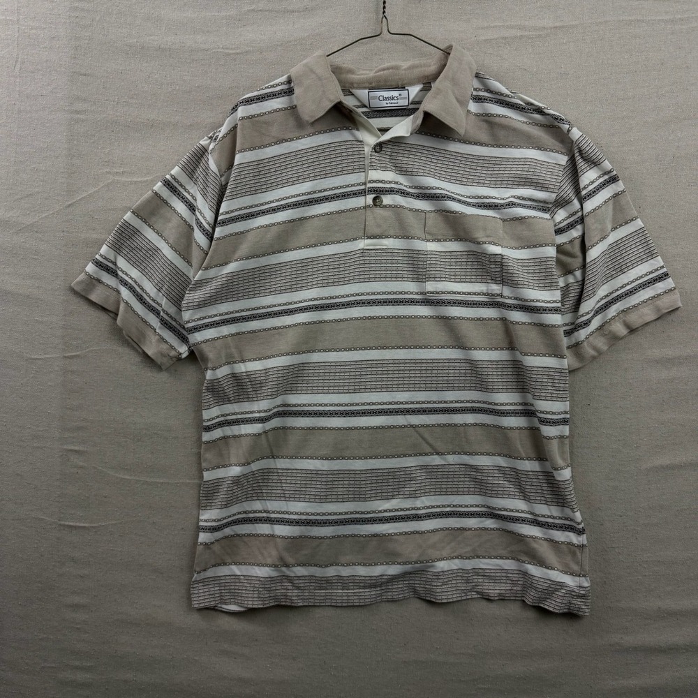 Classics by Palmland Polo Shirt Mens XL Tan Cream Striped Short Sleeve Pocket